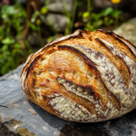 Frisch gebackenes Brot Rustikal mit knuspriger goldbrauner Kruste und lockerer Krume auf einer Steinplatte.