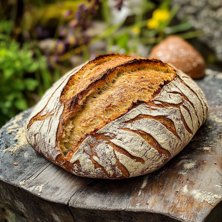 Brot Rustikal mit knuspriger goldbrauner Kruste und lockerer Krume auf einer Steinplatte.