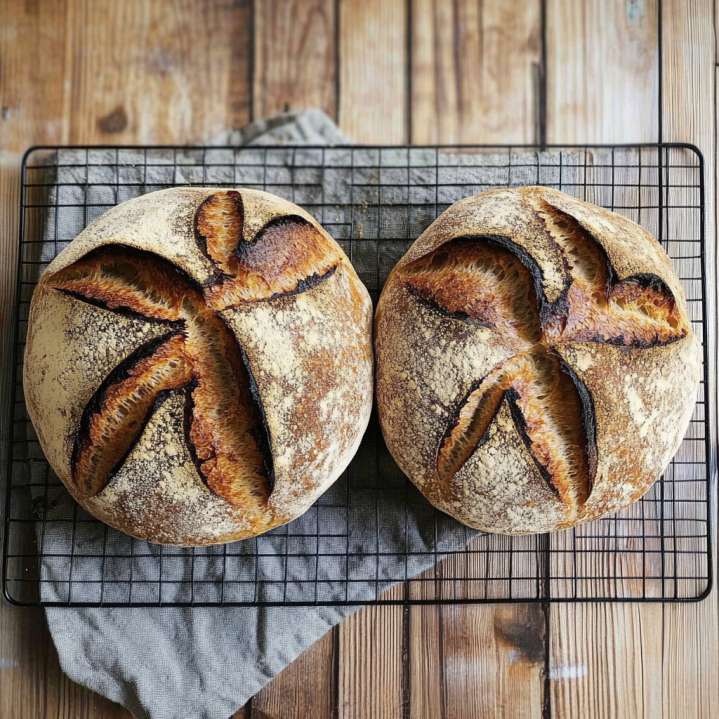 Two artisan sourdough bread loaves with decorative scoring cooling on a wire rack after baking.