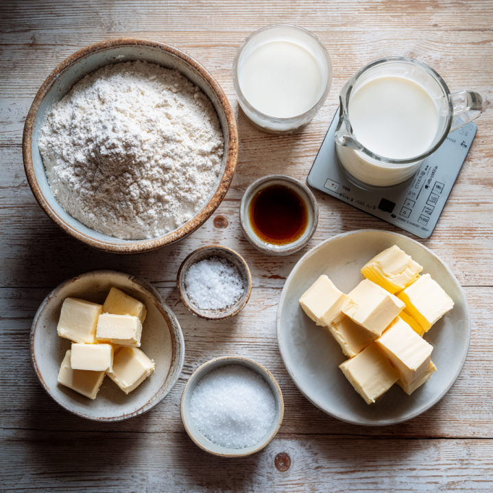 Measured ingredients for supersoft vegan milk bread brioche including Type 550 flour, barista oat milk, fresh yeast, vegan block butter, salt and agave syrup.