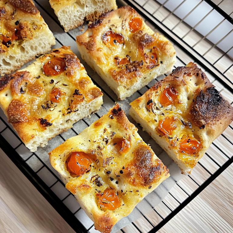 Nahaufnahme einer Sauerteig Focaccia mit goldbrauner knuspriger Kruste