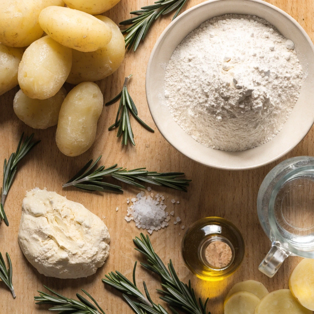 Zutaten für Kartoffel Focaccia mit Kartoffeln, Weizenmehl, Rosmarin, Olivenöl und Meersalz