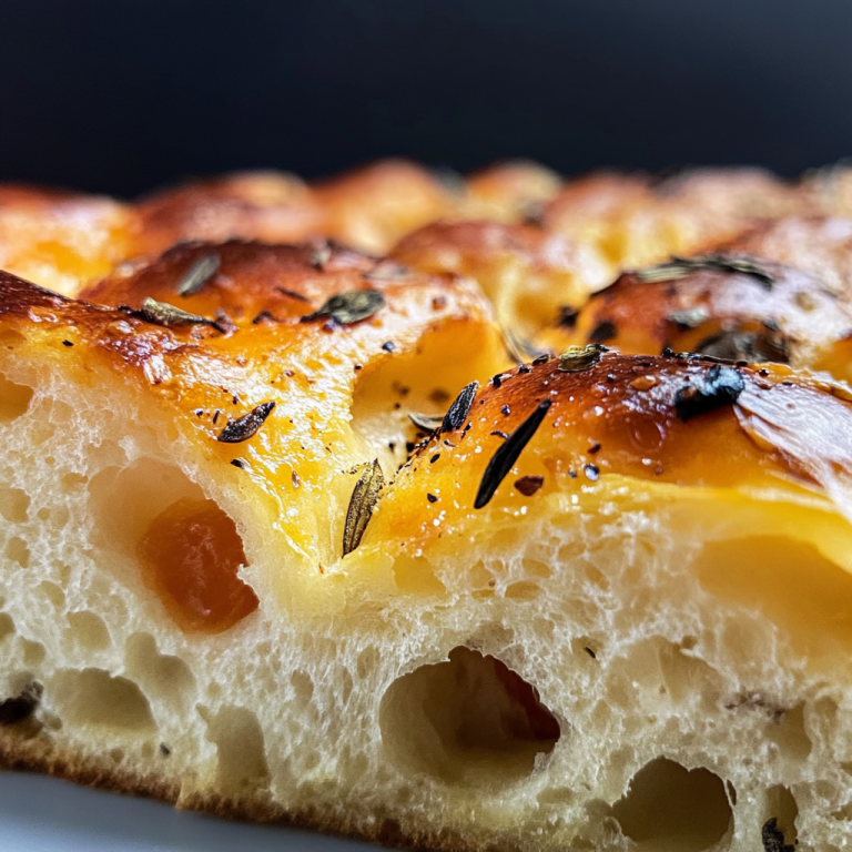 Nahaufnahme einer Sauerteig Focaccia mit goldbrauner knuspriger Kruste, großen Luftblasen und lockerer Krume