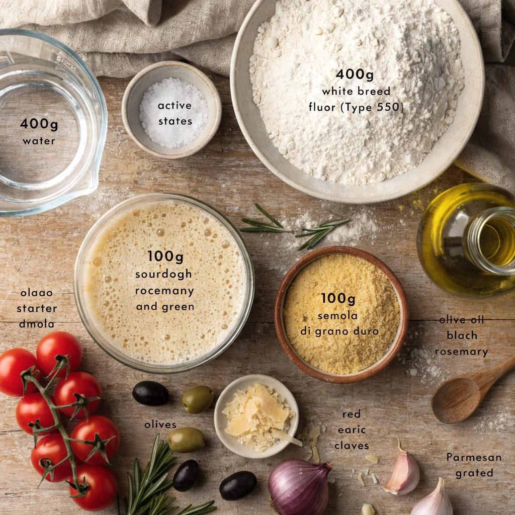Zutaten für Sauerteig Focaccia mit Weizenmehl, Semola di Grano Duro, Sauerteigstarter, Wasser, Olivenöl, Meersalz, Rosmarin, Kirschtomaten, Oliven, Knoblauch, roter Zwiebel und Parmesan