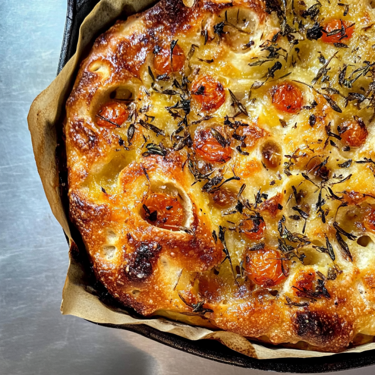 Frisch gebackene Sauerteig Focaccia mit Kirschtomaten, Rosmarin und goldbrauner knuspriger Kruste