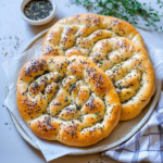 Frisch gebackenes türkisches Fladenbrot Pide mit goldbrauner Kruste, Sesam und Schwarzkümmel auf einem Teller.