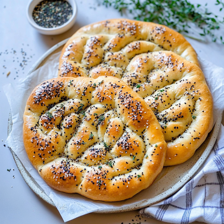 Frisch gebackenes türkisches Fladenbrot Pide mit goldbrauner Kruste, Sesam und Schwarzkümmel auf einem Teller.